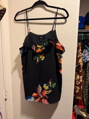 Mossino Floral Ruffle Camisole Tank Top - Black/Multi